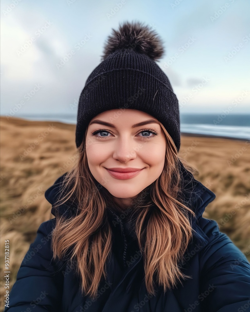 A woman wearing a black hat with a fur pom pom A woman wearing a black hat with a fur pom pom