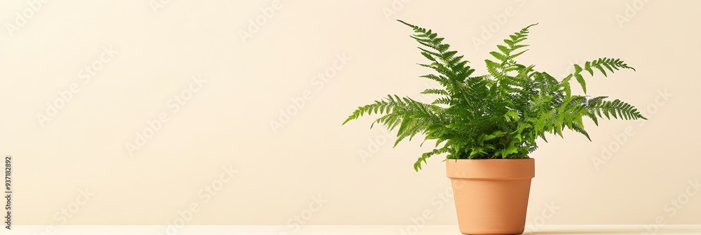 Lush Green Fern Plant in a Terracotta Pot Against a Cream Wall - A ...
