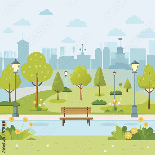 Scenic Illustration of a Beautiful Park Landscape 