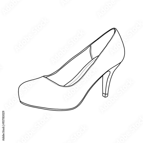 Women's Close Toe Classic High Heels Round Toe, Low Platform, Pumps Shoes Line art, Technical sketch hand drawing outline vector doodle illustration side 3D view isolated on white background