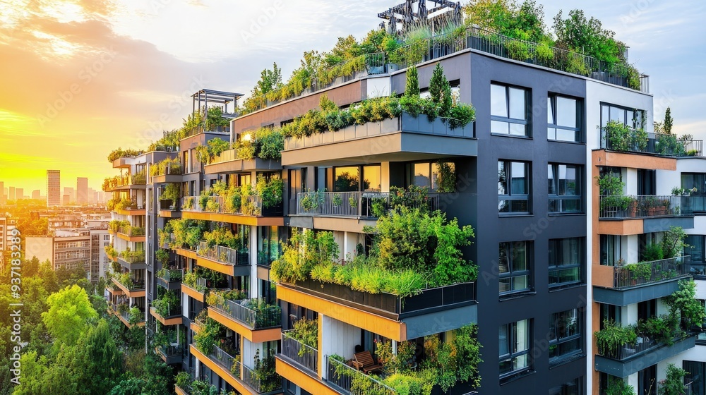 Sustainable apartment complex with rooftop gardens and solar panels, lush greenery, bright sunlight Sustainable apartment complex with rooftop gardens and solar panels, lush greenery, bright sunlight