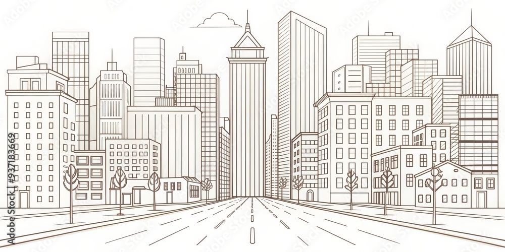 Fototapeta premium Cityscape Skyline Line Drawing - Buildings, Urban, Architecture, Streetscape, City