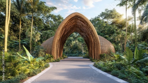 Sustainable pavilion with bamboo structure, surrounded by tropical plants, bright sunlight photo