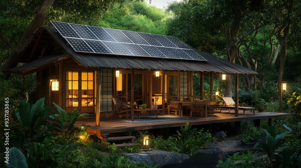 Sustainable wooden cabin with solar panels, nestled in a forest, soft dappled light Sustainable wooden cabin with solar panels, nestled in a forest, soft dappled light