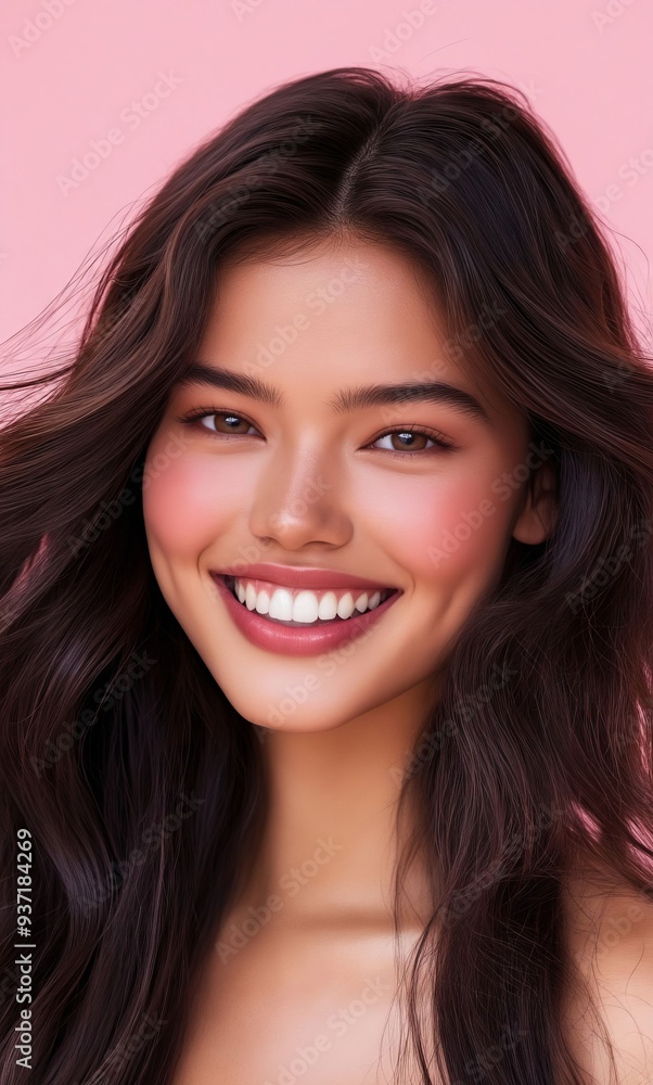 A woman with long brown hair smiling at the camera A woman with long brown hair smiling at the camera