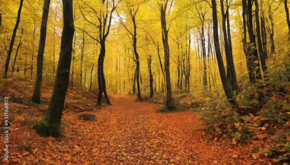 Obraz premium Autumns golden path through the woods