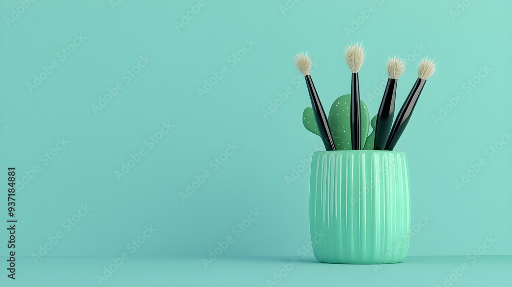Whimsical brush holder shaped like a cactus, playful and quirky, bright green color, lively office accessory, brushes styled as cactus spines, unique decor Whimsical brush holder shaped like a cactus, playful and quirky, bright green color, lively office accessory, brushes styled as cactus spines, unique decor