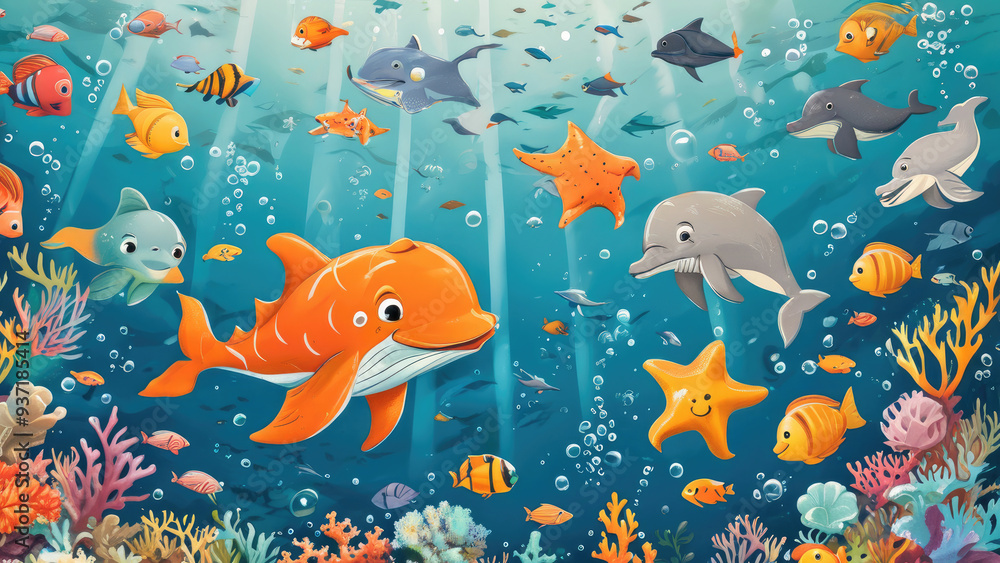 Naklejka premium Versatile Cover Design Featuring Sea Animals: Elegant and Refreshing Theme