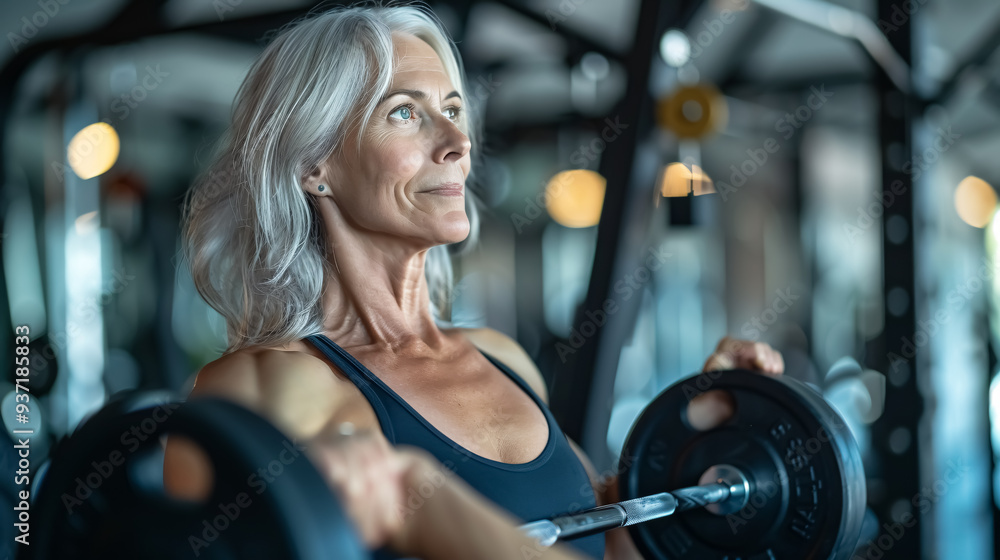 Fototapeta premium Fit mature woman lifting weights in a gym.