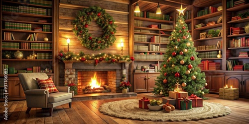 Cozy Christmas Library, Christmas tree, fireplace, fire, presents , Christmas decorations , Christmas lights