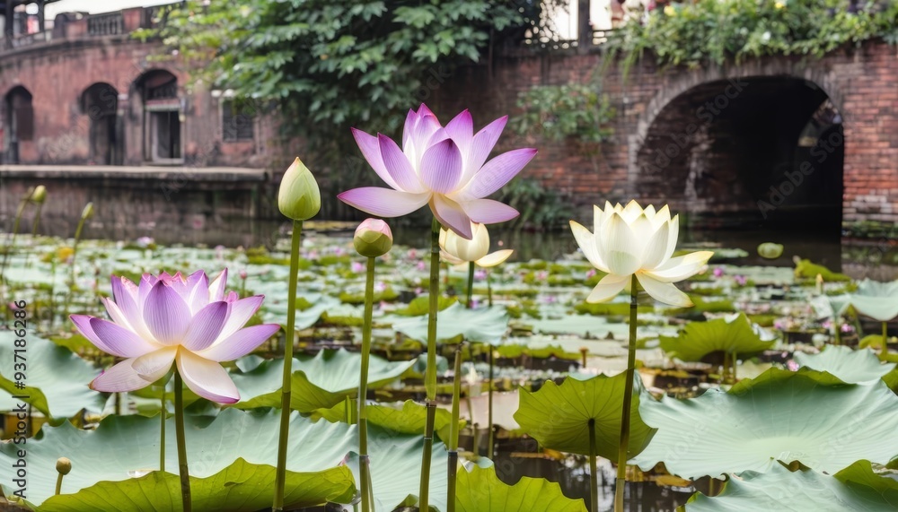 Serenity in bloom A serene pond adorned with vibrant lotus flowers Serenity in bloom A serene pond adorned with vibrant lotus flowers
