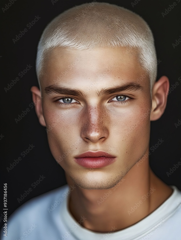 Fototapeta premium A young man with a shaved head and blue eyes