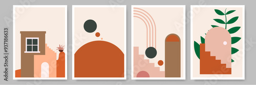 Hand drawn flat design boho wall art. Abstract illustrations showcasing geometric shapes, earthy colors, and botanical elements