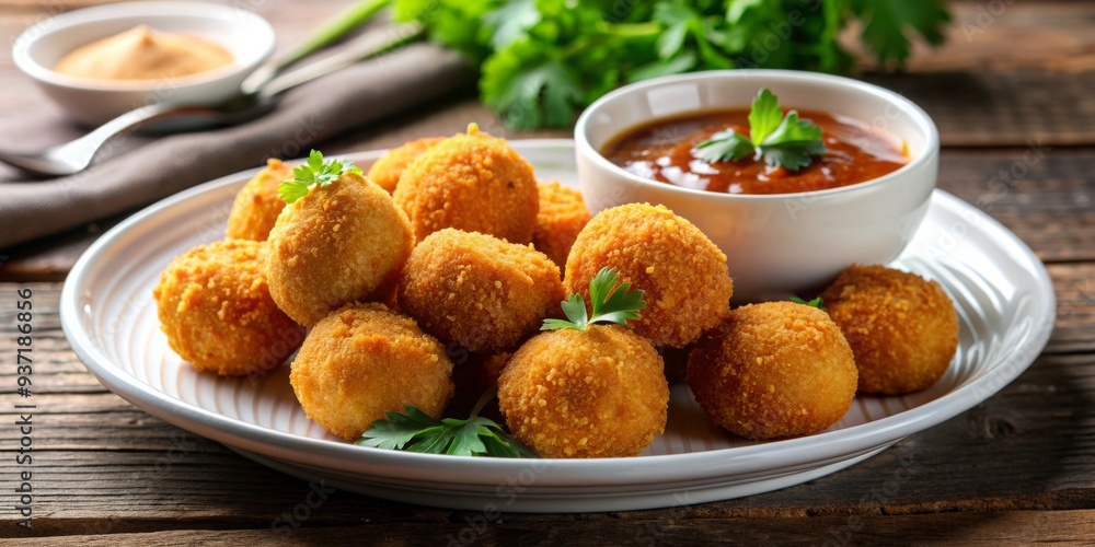 Crispy Fried Cheese Balls with Spicy Dip on a White Plate, Cheese Balls, Appetizer, Fried Food, Snack Crispy Fried Cheese Balls with Spicy Dip on a White Plate, Cheese Balls, Appetizer, Fried Food, Snack