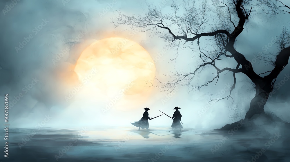 Fototapeta premium 16 Ghostly pirate duel, swords clashing in moonlight, haunted forest, Watercolor style