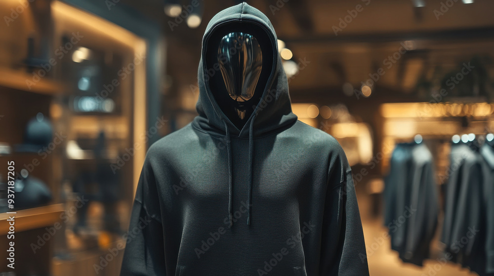 Mock up replica hoodie in stainless steel mannequin standing in luxurious shop.