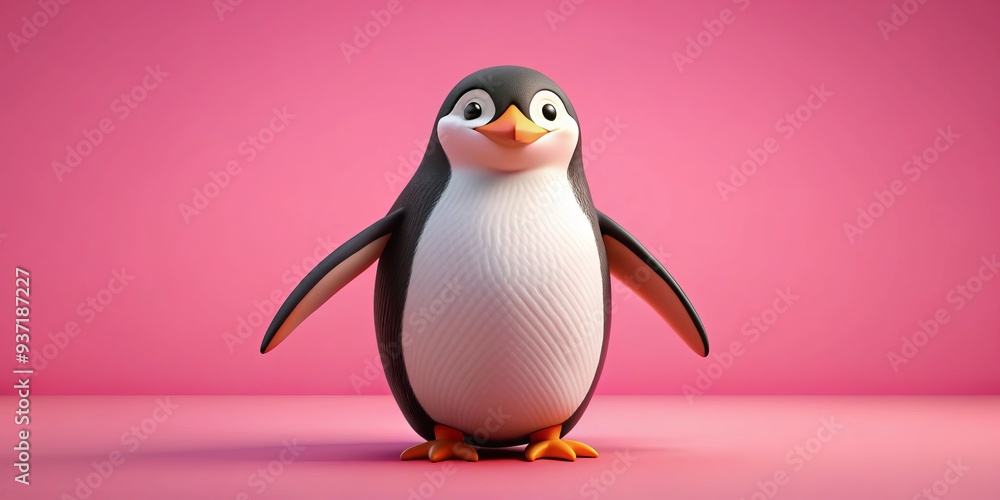 Obraz premium Cute Penguin on Pink Background, 3D Render, Cartoon Animal, Minimalistic, Pink Background, Penguin, Cartoon
