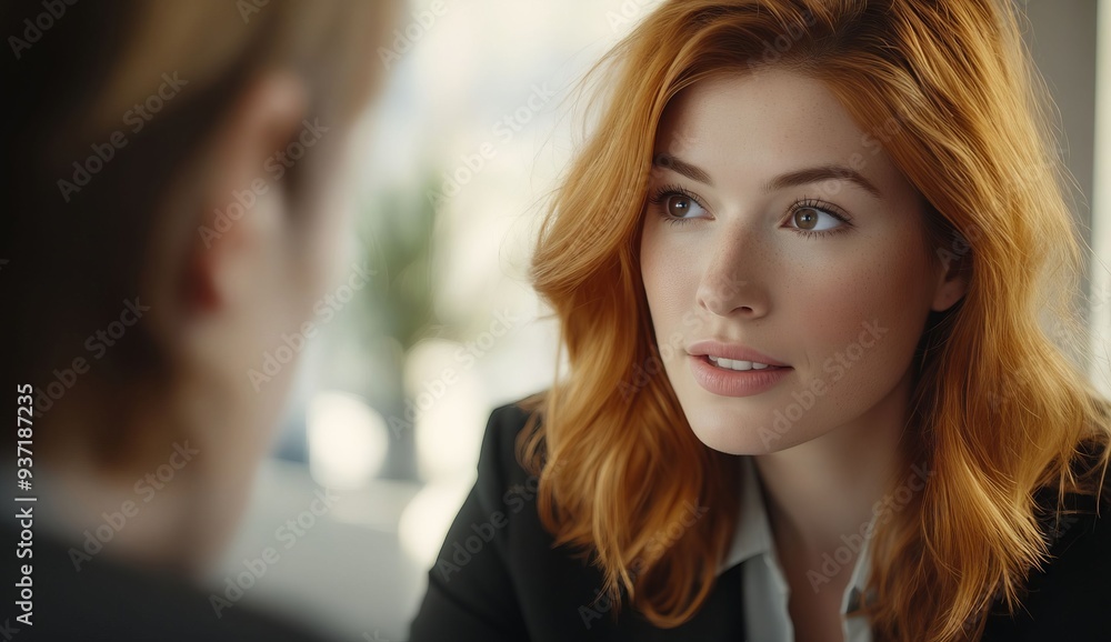 A woman with red hair looking at another woman in a business suit A woman with red hair looking at another woman in a business suit