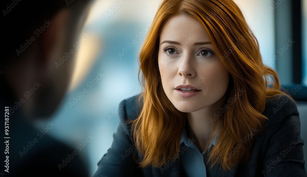 Fototapeta premium A woman with red hair sitting in front of a man