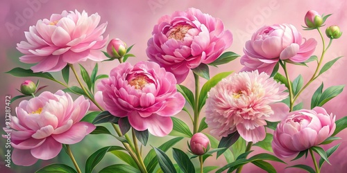 Delicate Pink Peonies in Bloom, Digital Painting, Pink Floral Bouquet, Soft Focus, Floral Art, Peonies, Flowers