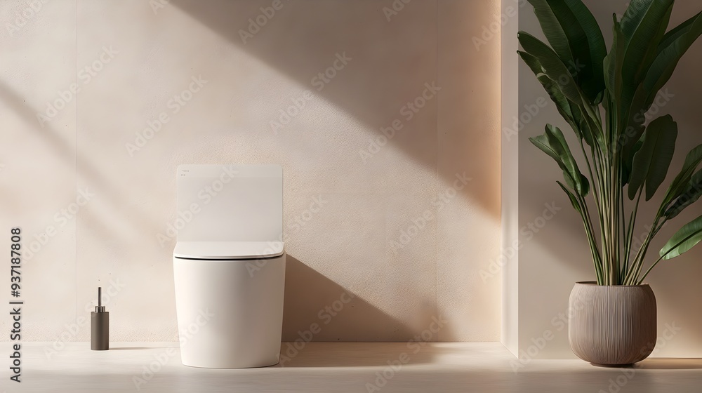 High-tech smart toilet paired with an elegant, minimalistic brush holder, set against a neutral-toned wall with ambient lighting High-tech smart toilet paired with an elegant, minimalistic brush holder, set against a neutral-toned wall with ambient lighting