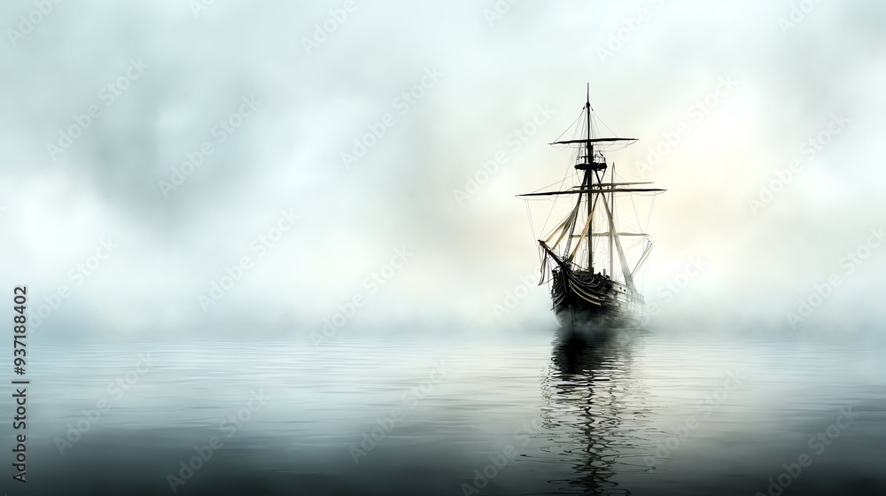 Fototapeta premium 43 Ghostly pirate ship, emerging from the depths, eerie fog, Watercolor style