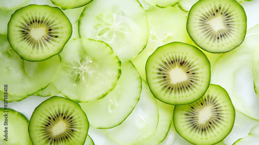 slices of kiwi fruit, thin slices of cucumber and kiwi overlapping on a white background slices of kiwi fruit, thin slices of cucumber and kiwi overlapping on a white background