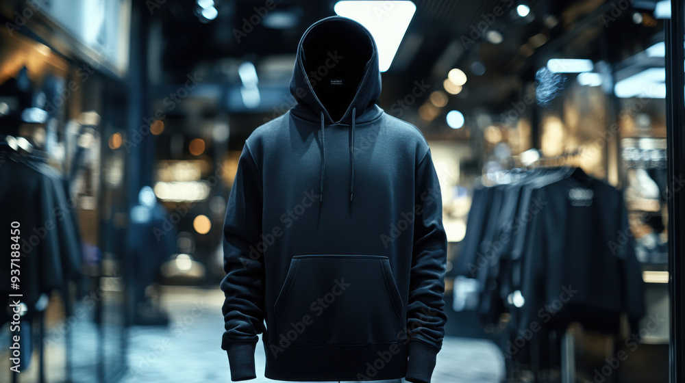 Mock up replica hoodie in stainless steel mannequin standing in luxurious shop. Mock up replica hoodie in stainless steel mannequin standing in luxurious shop.