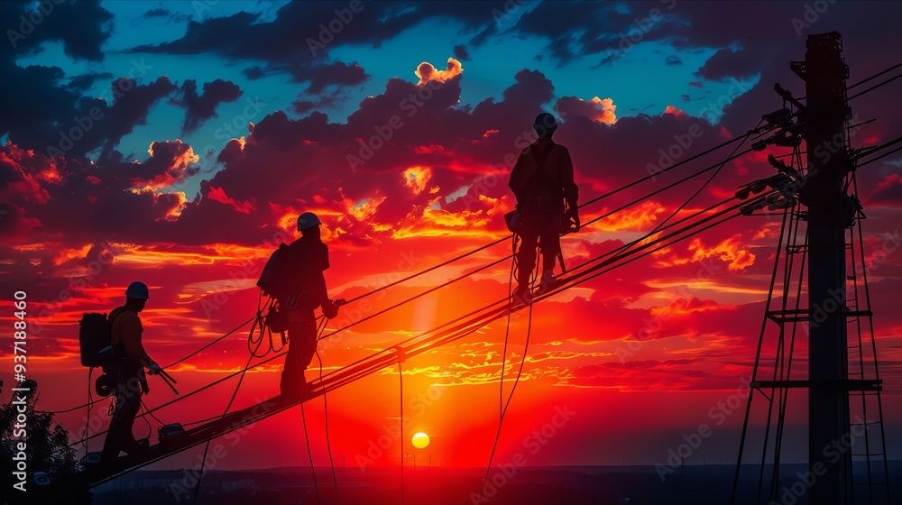 Fototapeta premium A group of men standing on top of a power line at sunset
