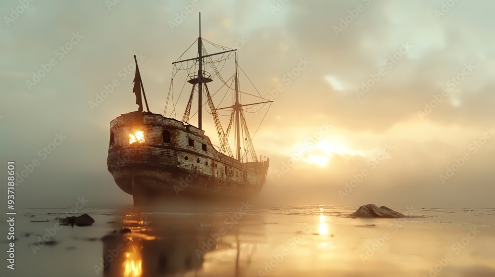 Fototapeta premium 45 Abandoned pirate ship, glowing with cursed gold, eerie fog, Watercolor style