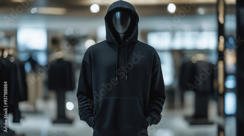 Mock up replica hoodie in stainless steel mannequin standing in luxurious shop.