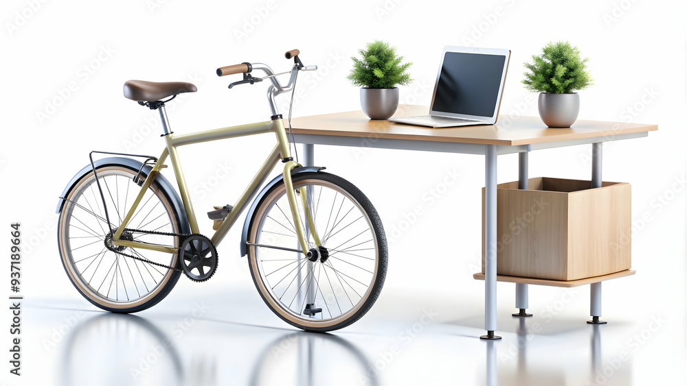 3D Icon as Bicycle and office desk concept as A bicycle paired with an office desk representing sustainable transportation and business productivity perfect for isolated vector designs on a white back 3D Icon as Bicycle and office desk concept as A bicycle paired with an office desk representing sustainable transportation and business productivity perfect for isolated vector designs on a white back