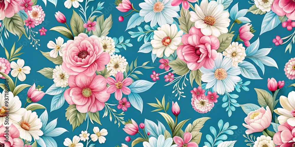 Floral Tapestry A Lush Symphony of Pink and White Flowers on Teal, floral, pattern, botanical, wallpaper Floral Tapestry A Lush Symphony of Pink and White Flowers on Teal, floral, pattern, botanical, wallpaper