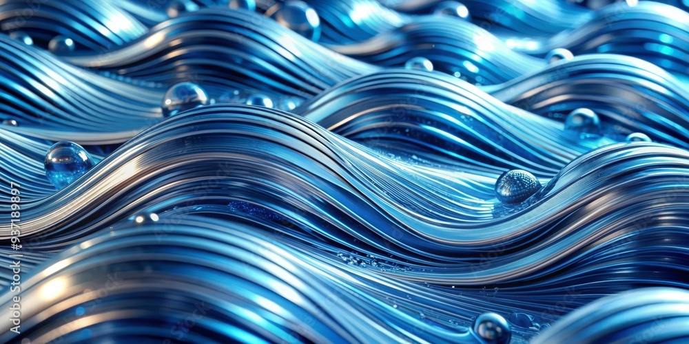 Fluid Blue Waves with Spheres, 3D Rendering, Abstract Background, Blue, Sphere, Wave Fluid Blue Waves with Spheres, 3D Rendering, Abstract Background, Blue, Sphere, Wave