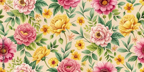 Wallpaper Mural Floral Watercolor Seamless Pattern Pink and Yellow Flowers on Beige Background, seamless pattern, watercolor, floral design, botanical illustration , floral wallpaper, botanical pattern Torontodigital.ca