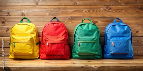 Four Colorful Backpacks on Wooden Shelf, Backpacks, School Supplies, Education, Kids,