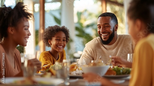 Happy Family Enjoying a Meal Together at a Sunny Home Dining Table photo