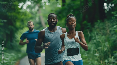 Fitness, running, and health: Couple running on the road for workout and cardio performance. 