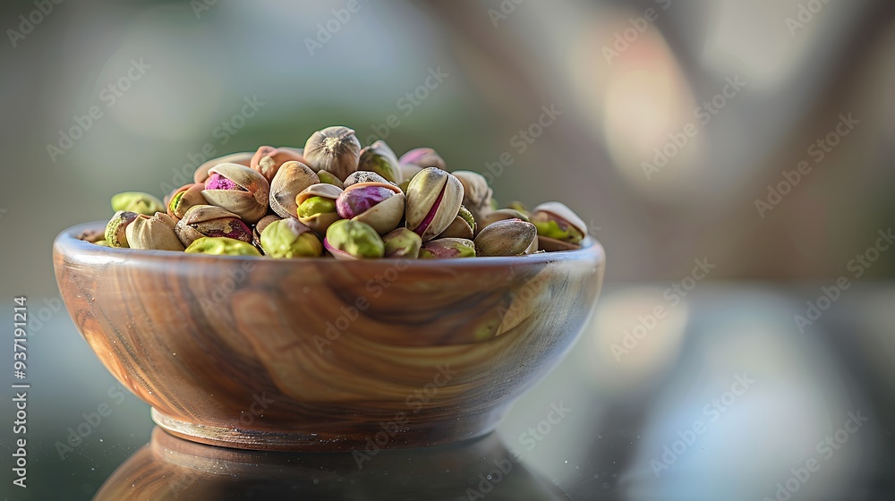 Pistachio dry fruit in wooden bowl on glass table Pistachio dry fruit in wooden bowl on glass table