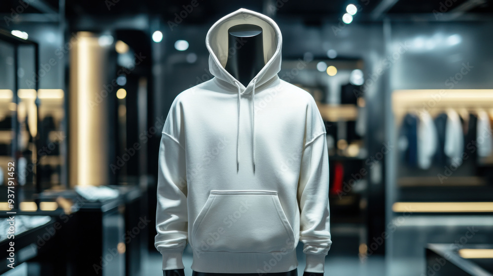 Mock up replica hoodie in stainless steel mannequin standing in luxurious shop. Mock up replica hoodie in stainless steel mannequin standing in luxurious shop.