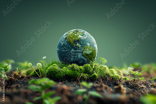 A globe or earth set atop a green, moss-covered mound on rich soil. For green initiatives or eco-friendly content, highlighting a sustainable future.