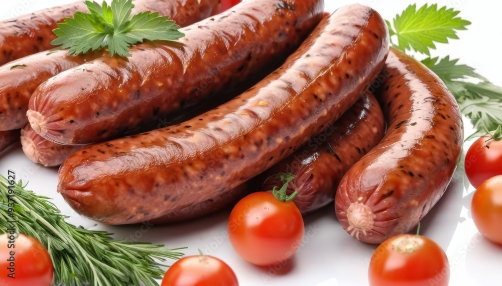 Delicious grilled sausages and cherry tomatoes ready for a summer feast Delicious grilled sausages and cherry tomatoes ready for a summer feast