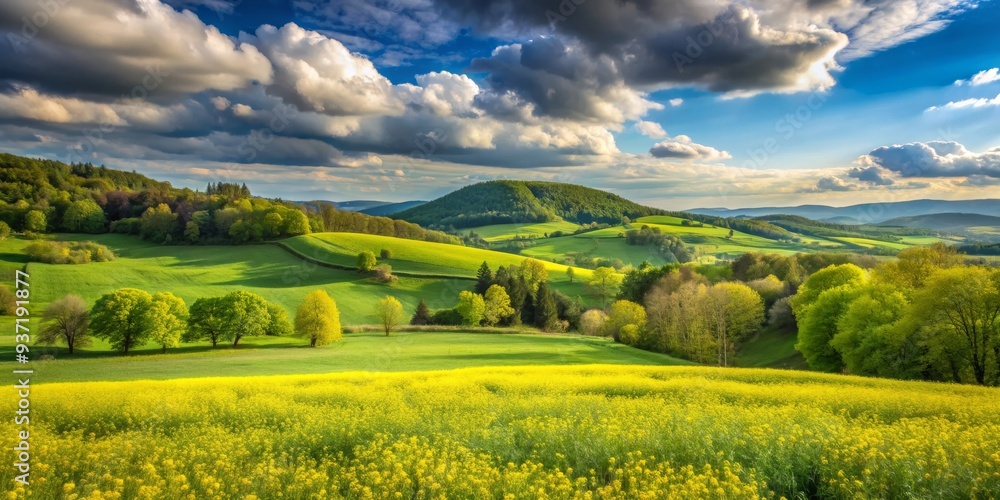 Fototapeta premium Golden Fields Under Cloudy Skies, Landscape Photography, Rolling Hills, Green Meadow, Yellow Flowers, ,
