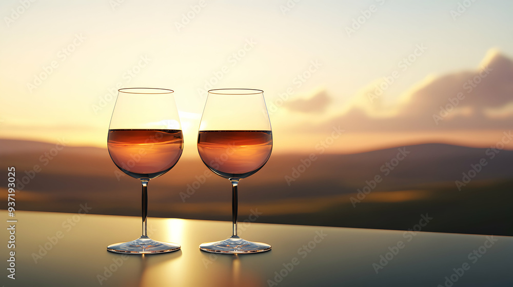 Two glasses of wine with a sunset reflection in them, set on a table with a mountain range in the background. Two glasses of wine with a sunset reflection in them, set on a table with a mountain range in the background.