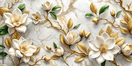 Golden Magnolia Bloom on Marble, 3D, Floral, White, Gold , marble, magnolia