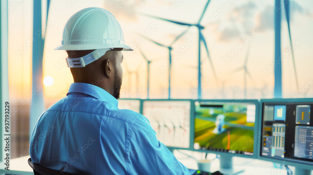 A worker in a hard hat monitors wind turbine operations, showcasing technology and sustainability at sunset. A worker in a hard hat monitors wind turbine operations, showcasing technology and sustainability at sunset.