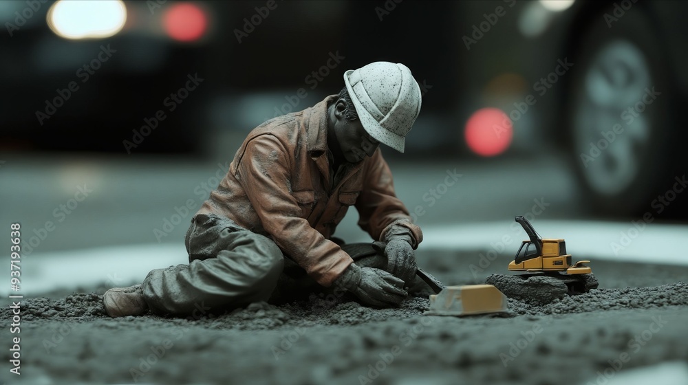 A figurine of a construction worker laying on the ground A figurine of a construction worker laying on the ground