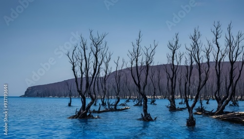  Eerie beauty Ghostly trees stand tall in the deep blue sea