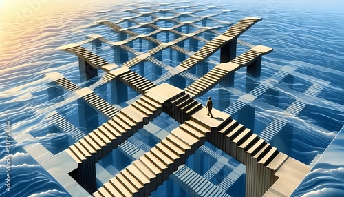 a never-ending staircase flooded with clear water, where the steps morph and repeat in impossible patterns, a single, lone figure walking determinedly upwards photo