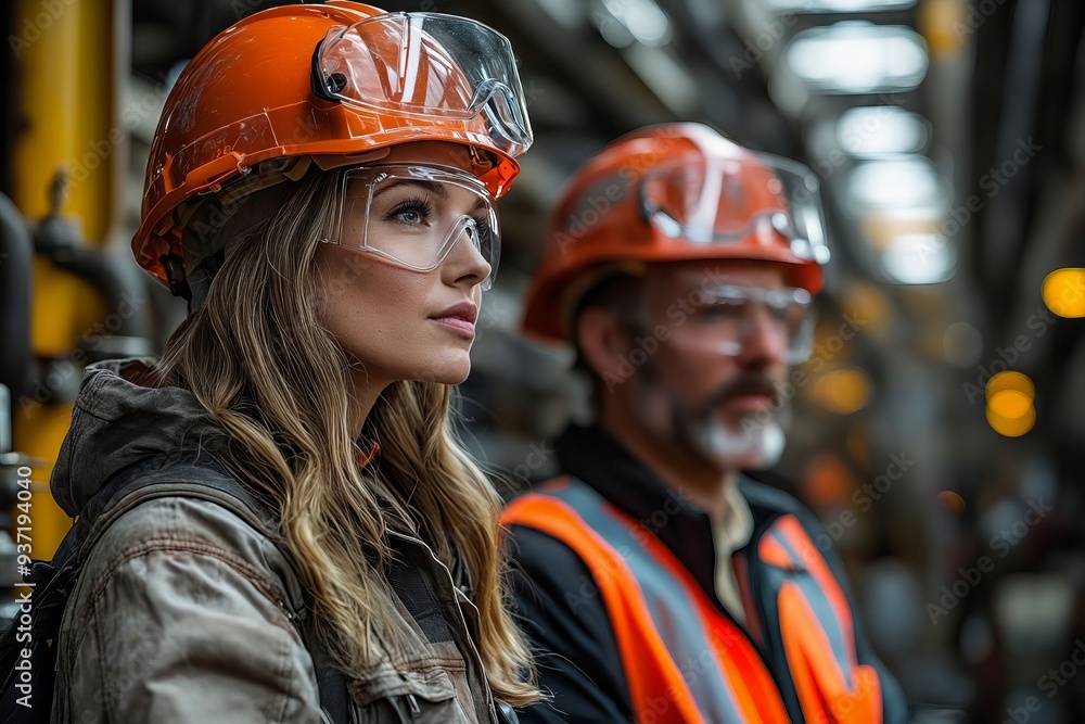 A man and a woman wearing safety glasses and hard hats A man and a woman wearing safety glasses and hard hats